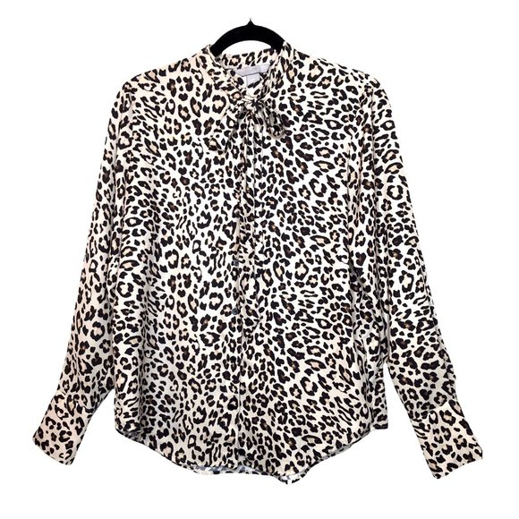 H&M Tops - H&M Leopard Print Blouse Tie Front Long Sleeve Button Down Top Curved Hem Size 4